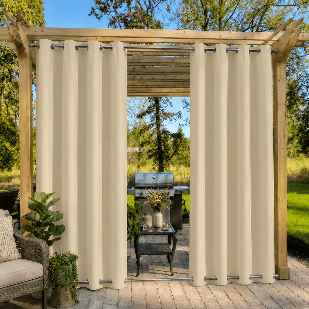Waterproof Outdoor Blackout Curtains with Eyelets - Curtain & Drape Rings - Beige - Oaksoho