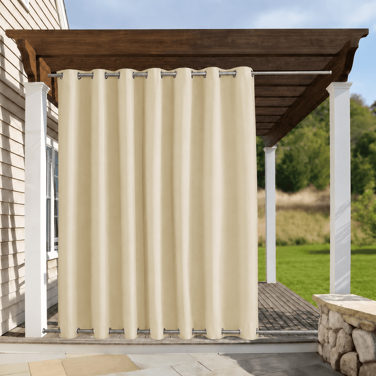 Waterproof Outdoor Blackout Curtains with Eyelets - Curtain & Drape Rings - Beige - Oaksoho