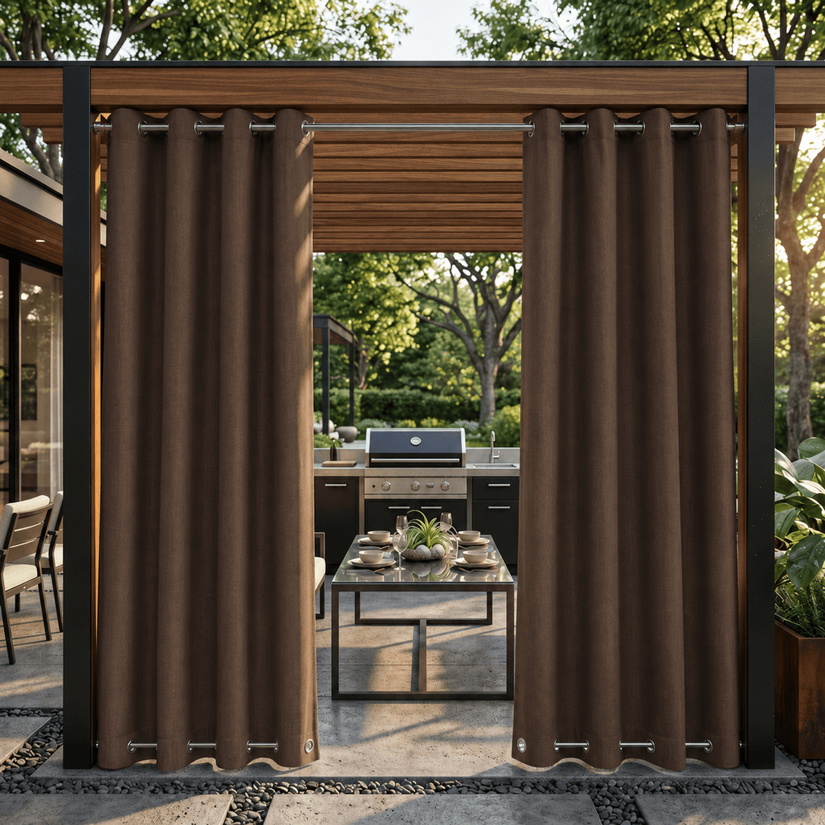 Waterproof Outdoor Blackout Curtains with Eyelets - Curtain & Drape Rings - Brown - Oaksoho