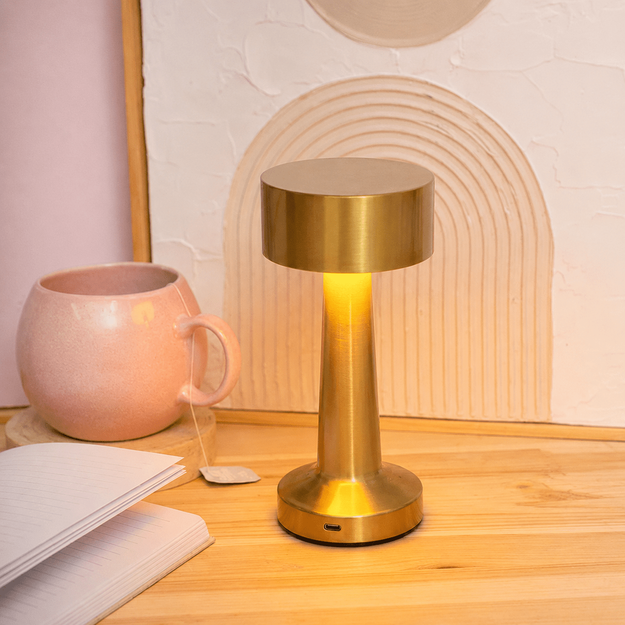 Wireless LED Table Lamp with Round Shade and Slim Base - Table Lamps - Rose gold - Oaksoho