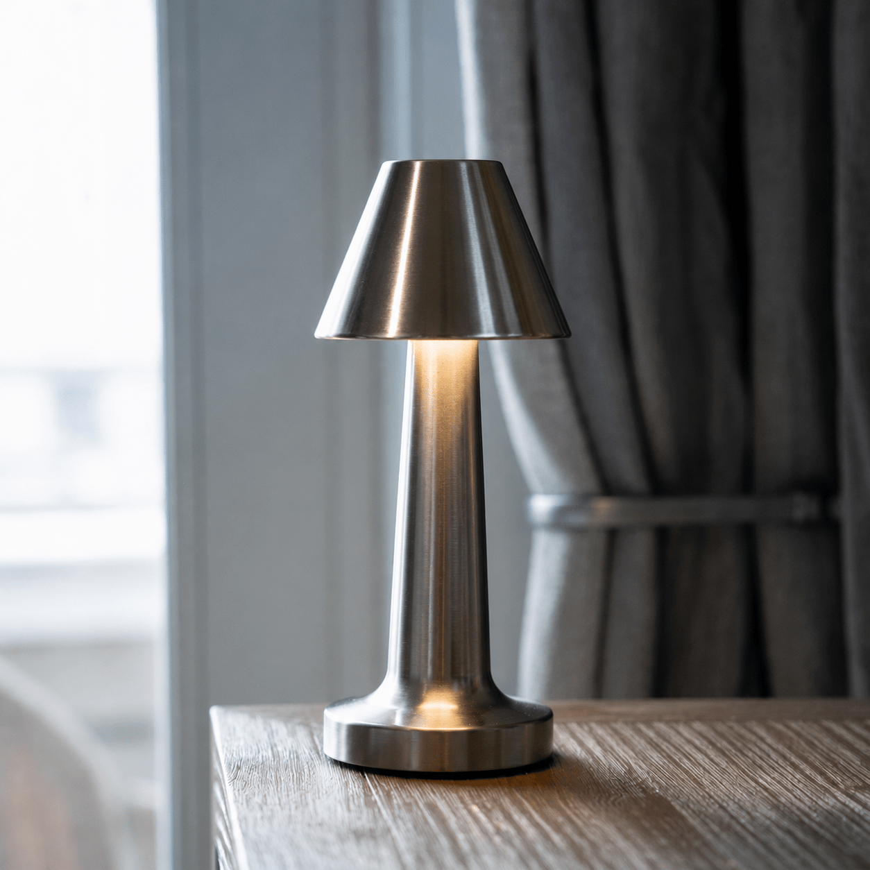 Wireless LED Table Lamp with Round Shade and Slim Base - Table Lamps - Silver - Oaksoho