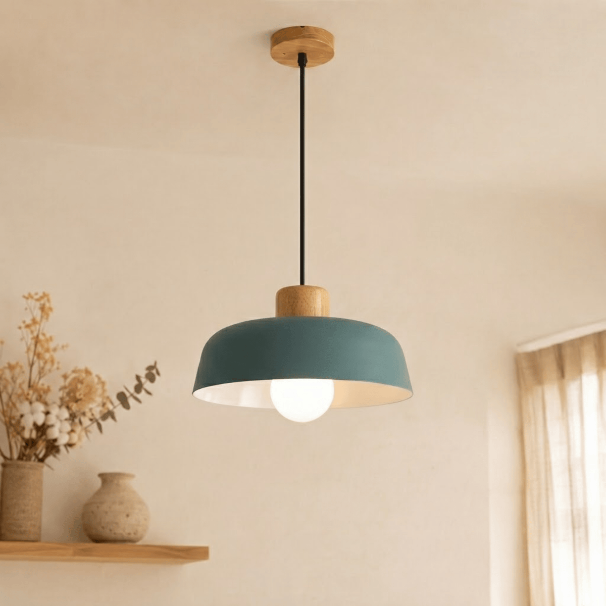 Wood and Metal Dome Pendant Light with Adjustable Height - Pendant Light Fixtures - Blue - Oak Soho