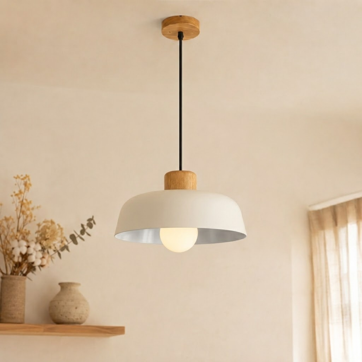 Wood and Metal Dome Pendant Light with Adjustable Height - Pendant Light Fixtures - White - Oak Soho