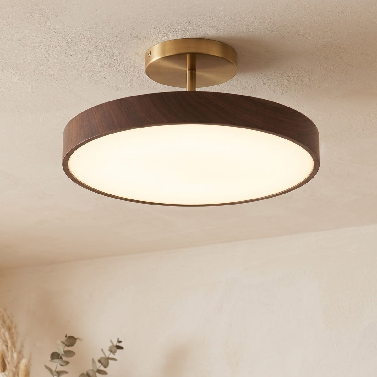 Wood Effect Ceiling Light with Brass Frame - Ceiling Light Fixtures - Dark Wood - Oak Soho