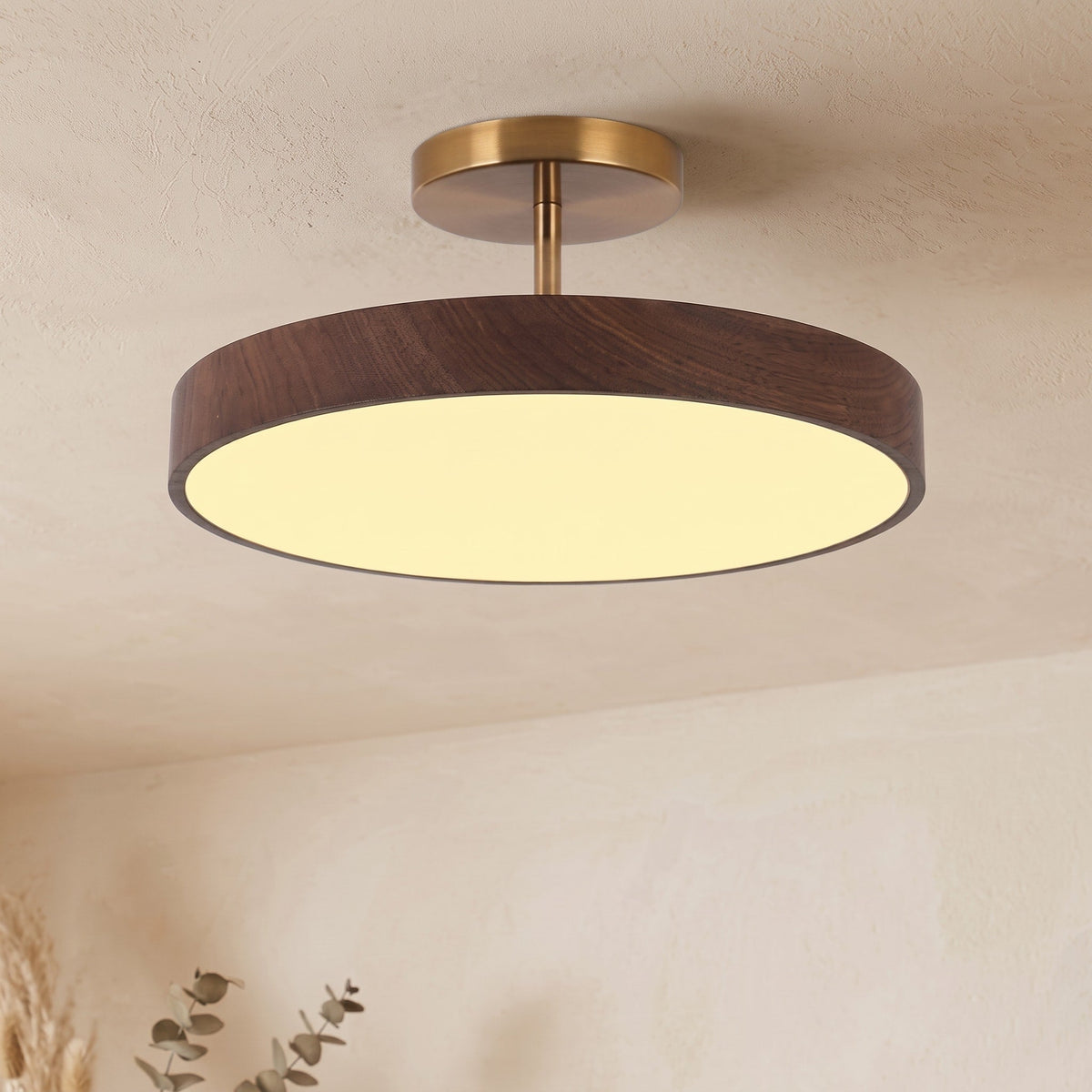 Wood Effect Ceiling Light with Brass Frame - Ceiling Light Fixtures - Dark Wood - Oak Soho