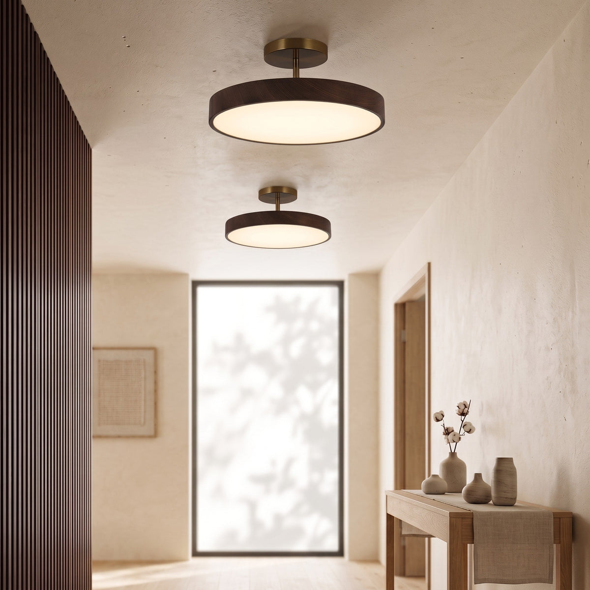 Wood Effect Ceiling Light with Brass Frame - Ceiling Light Fixtures - Dark Wood - Oak Soho