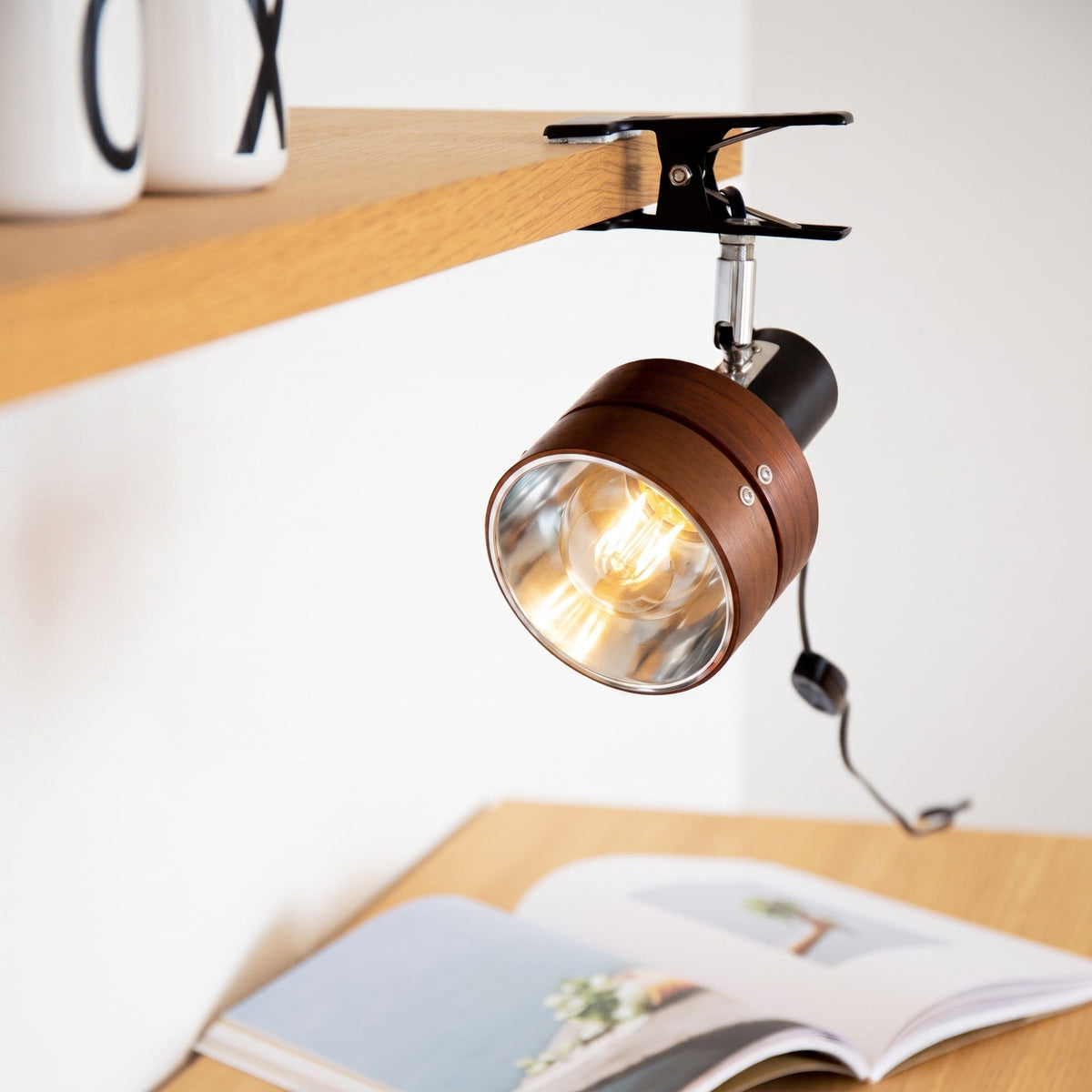 Wooden Clip-On Spotlight Lamp with Adjustable Head - Wall Light Fixtures - Walnut - Oaksoho