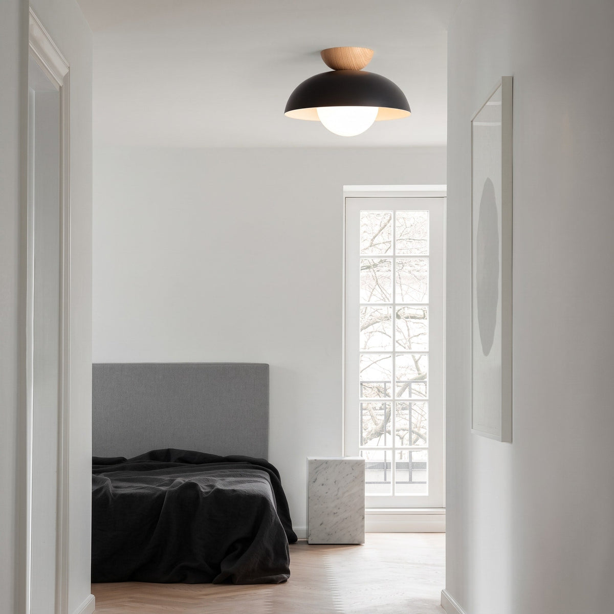 Wooden Dome Semi-Flush Ceiling Light with Globe Diffuser - Ceiling Light Fixtures - Black - Oak Soho