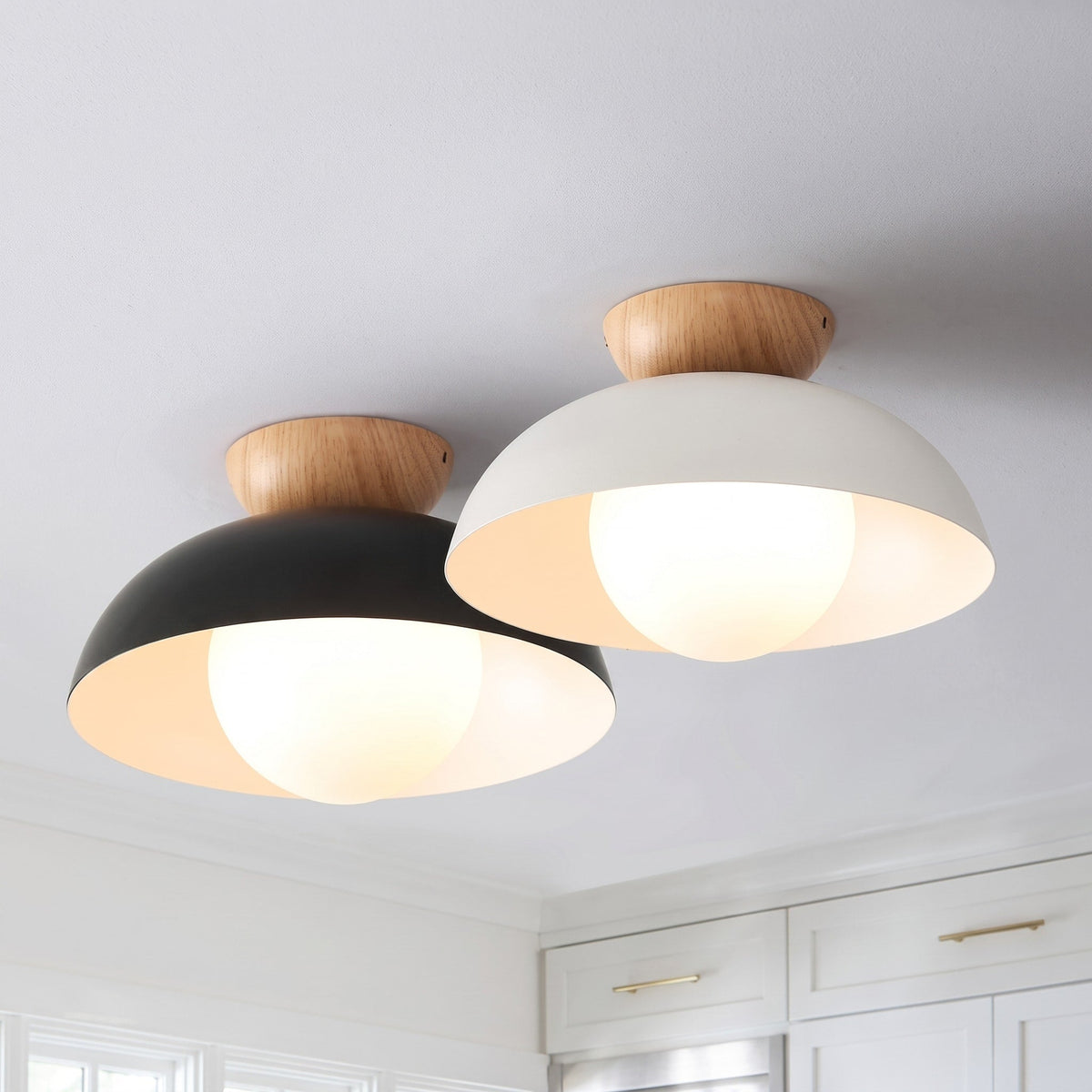 Wooden Dome Semi-Flush Ceiling Light with Globe Diffuser - Ceiling Light Fixtures - White - Oak Soho