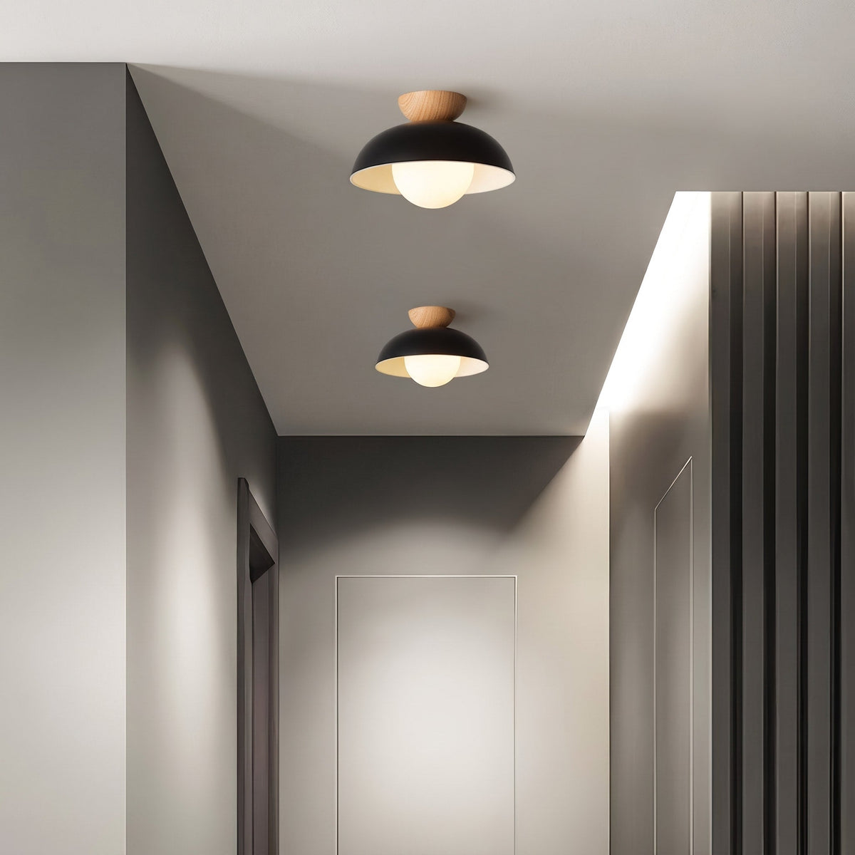 Wooden Dome Semi-Flush Ceiling Light with Globe Diffuser - Ceiling Light Fixtures - Black - Oak Soho