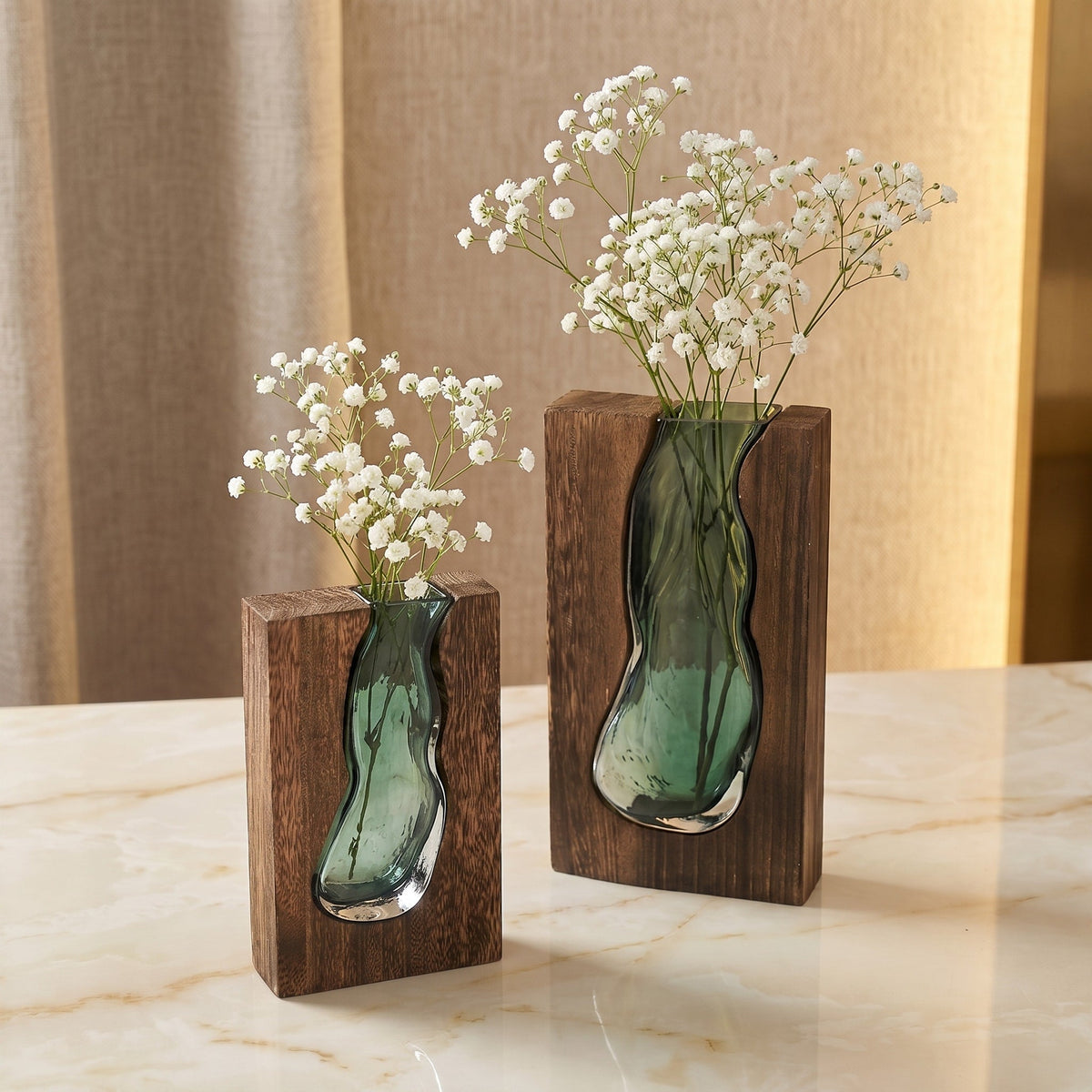 Wooden Frame Glass Vase with Live Edge Design - Vases - 24x14.5x5 cm - Oaksoho