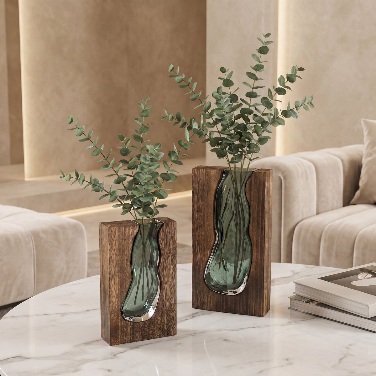 Wooden Frame Glass Vase with Live Edge Design - Vases - 24x14.5x5 cm - Oaksoho