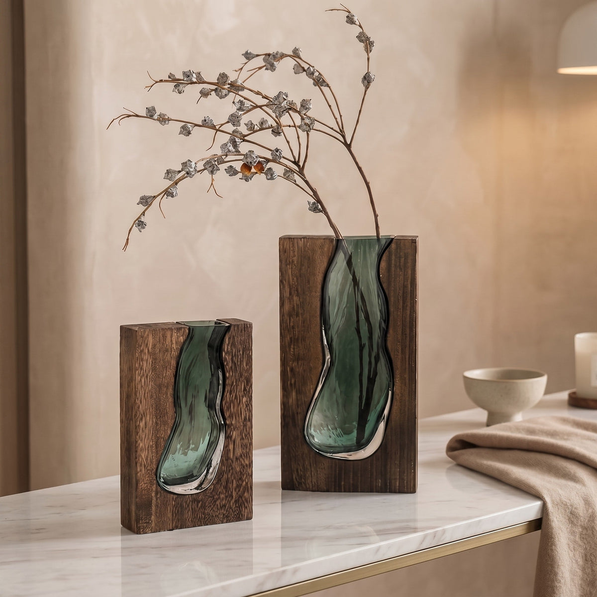 Wooden Frame Glass Vase with Live Edge Design - Vases - 24x14.5x5 cm - Oaksoho