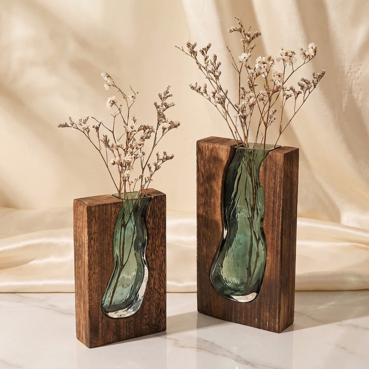 Wooden Frame Glass Vase with Live Edge Design - Vases - 24x14.5x5 cm - Oaksoho