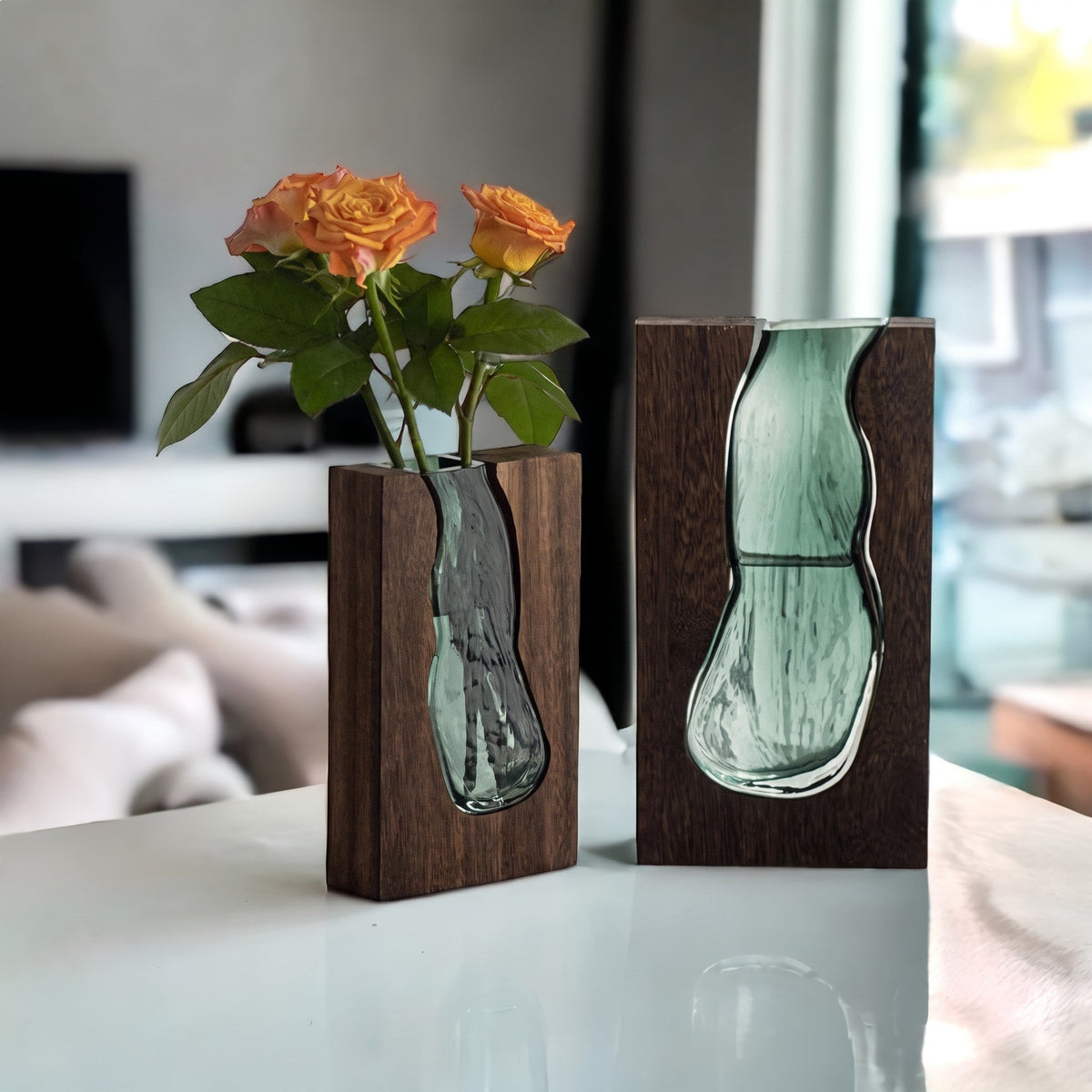 Wooden Frame Glass Vase with Live Edge Design - Vases - 24x14.5x5 cm - Oaksoho
