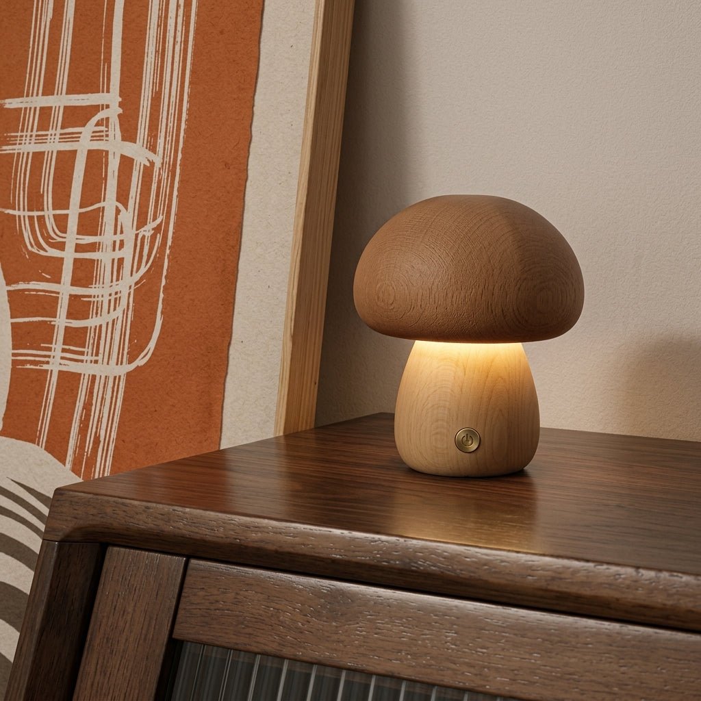 Wooden Mushroom LED Warm Light Desk Lamp - Table Lamps - Light Brown - Oaksoho
