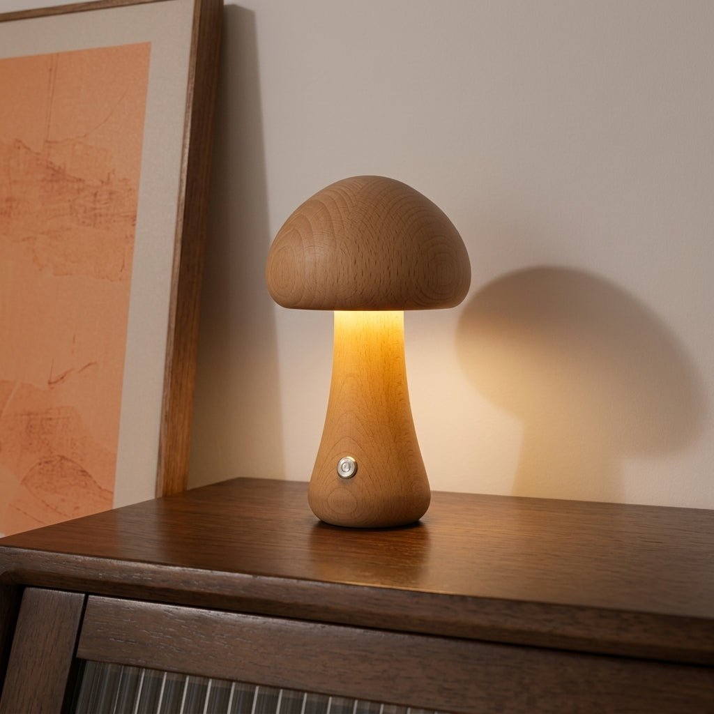 Wooden Mushroom LED Warm Light Desk Lamp - Table Lamps - Light Brown - Oaksoho