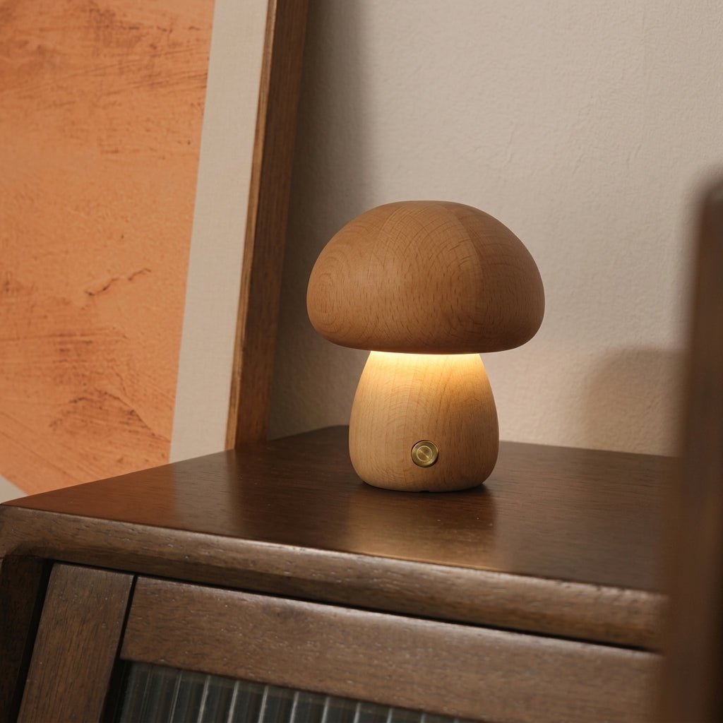 Wooden Mushroom Table Lamp Natural Décor Accent - Table Lamps - Light Brown (Small) - Oaksoho