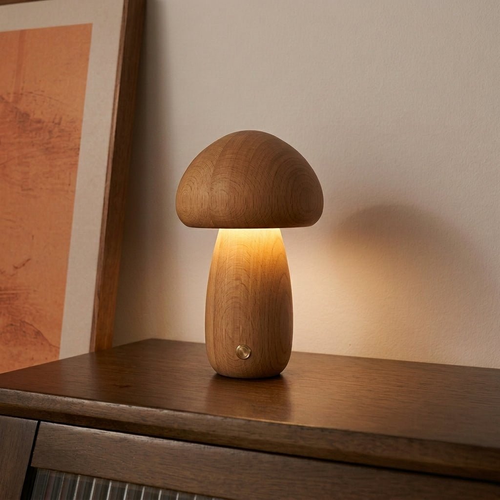 Wooden Mushroom Table Lamp Natural Décor Accent - Table Lamps - Light Brown (Large) - Oaksoho