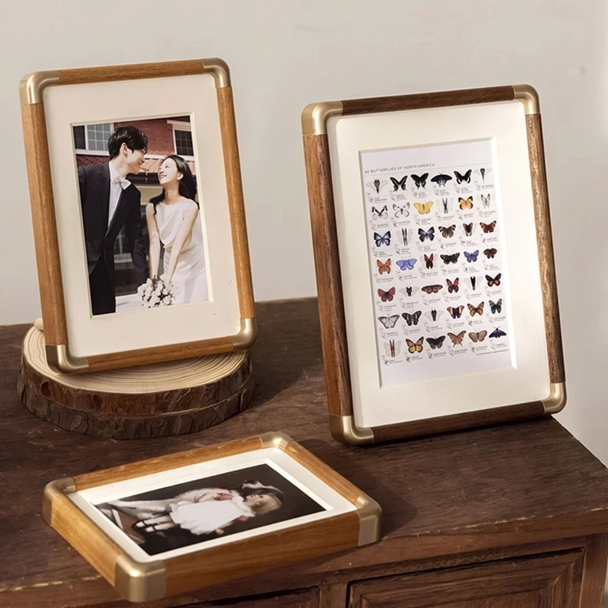 Wooden Photo Frame with Gold Corner Accents and Mount - Picture Frames - Teak - Oak Soho