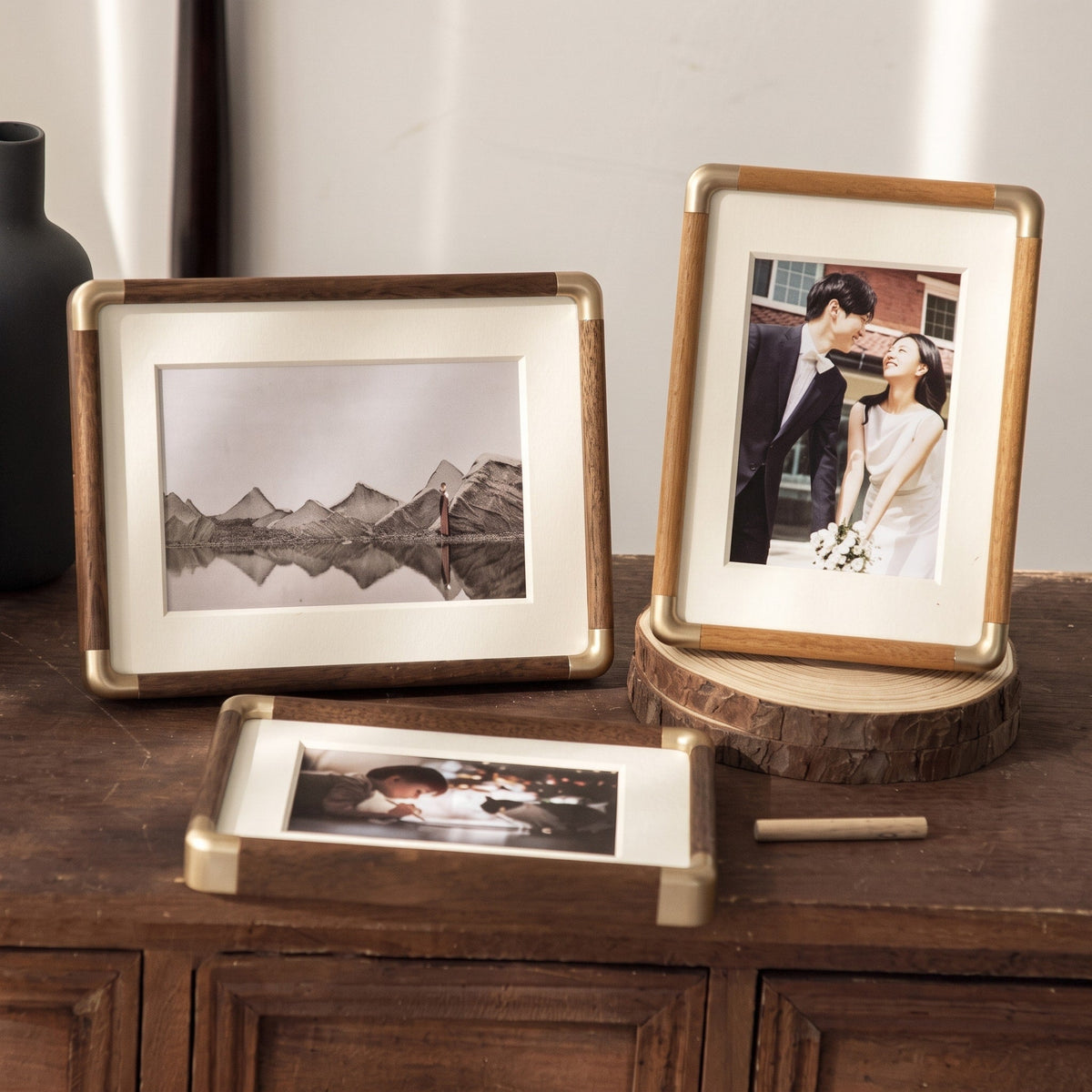 Wooden Photo Frame with Gold Corner Accents and Mount - Picture Frames - Teak - Oak Soho