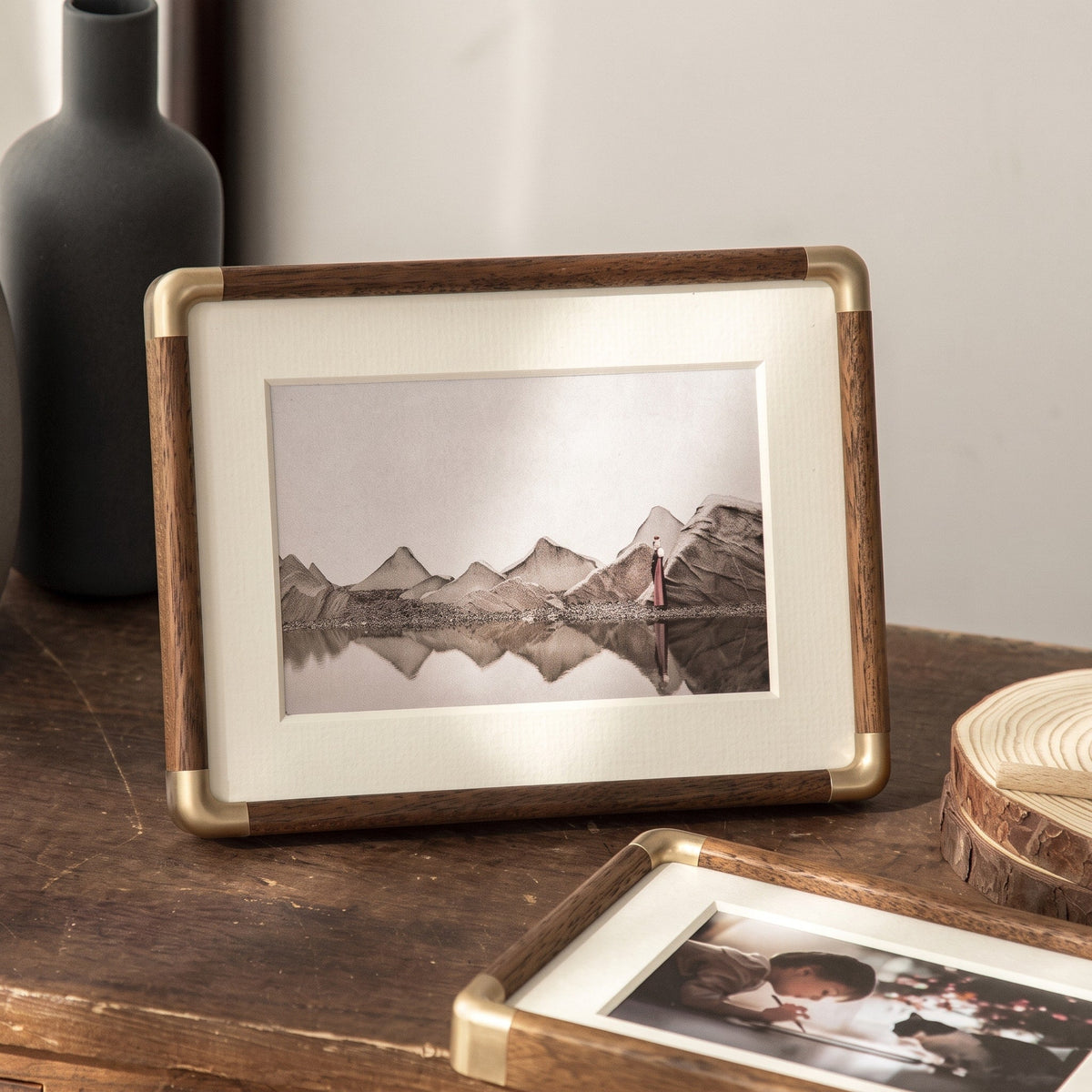 Wooden Photo Frame with Gold Corner Accents and Mount - Picture Frames - Black Walnut - Oak Soho