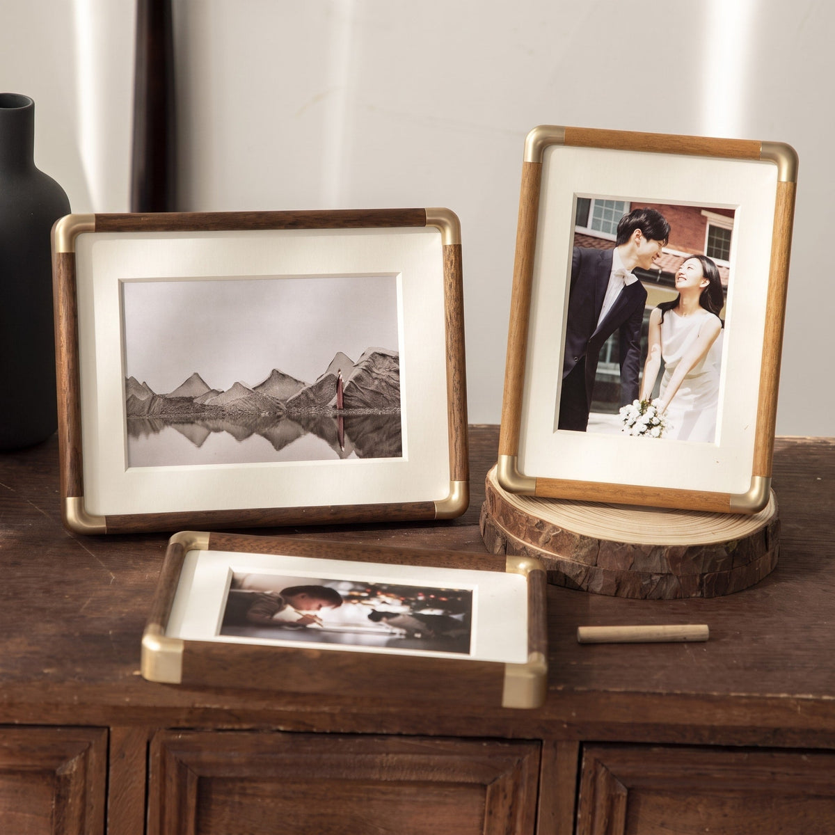 Wooden Tabletop Photo Frame with Gold Corner Trim - Picture Frames - Dark Brown - Oaksoho