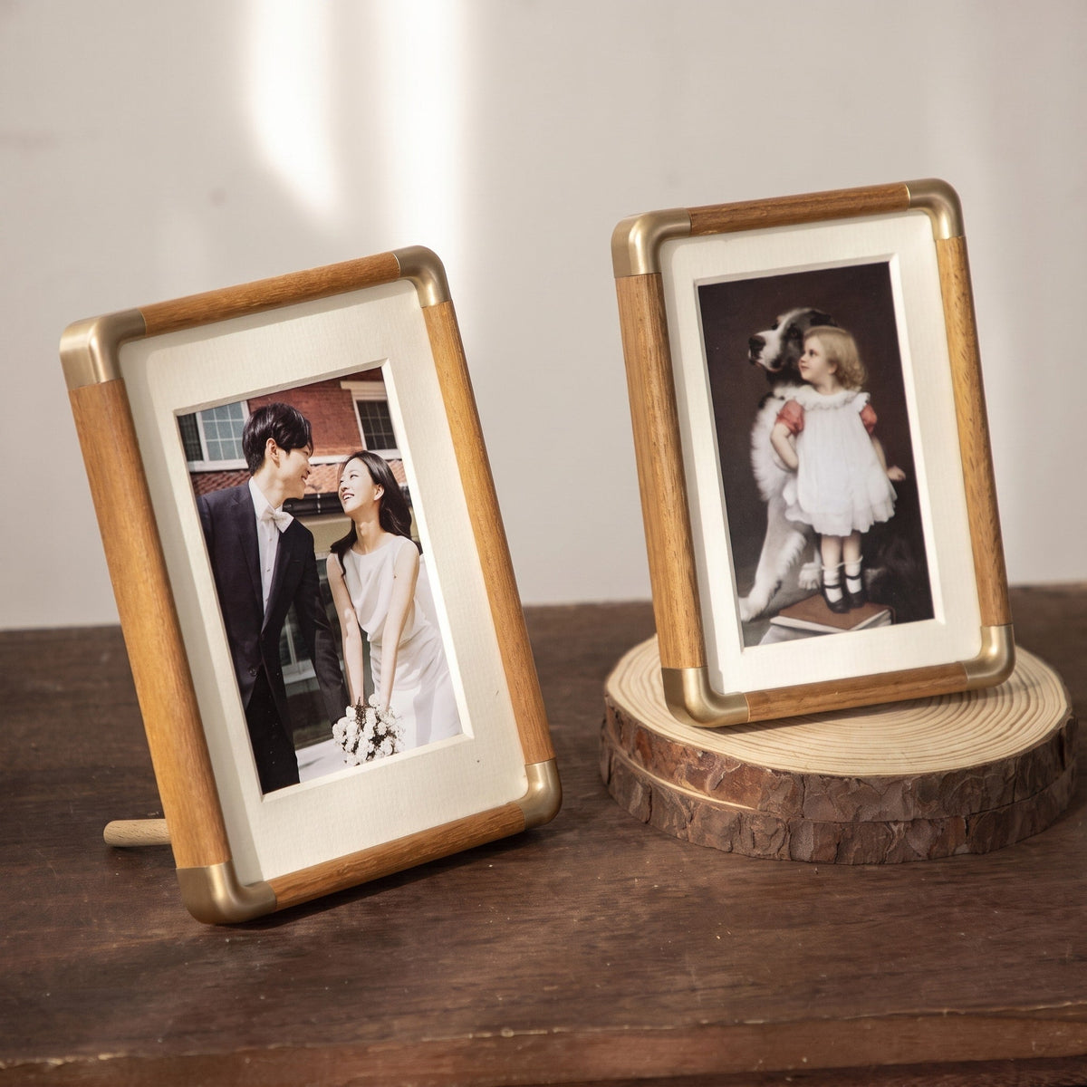 Wooden Tabletop Photo Frame with Gold Corner Trim - Picture Frames - Dark Brown - Oaksoho
