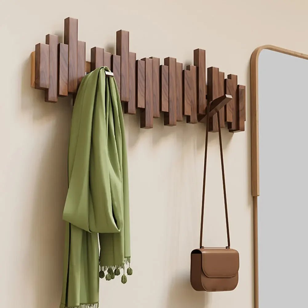 Wooden Wall Mounted Coat Rack with Folding Hooks - Utility Hooks - Dark Brown - Oak Soho