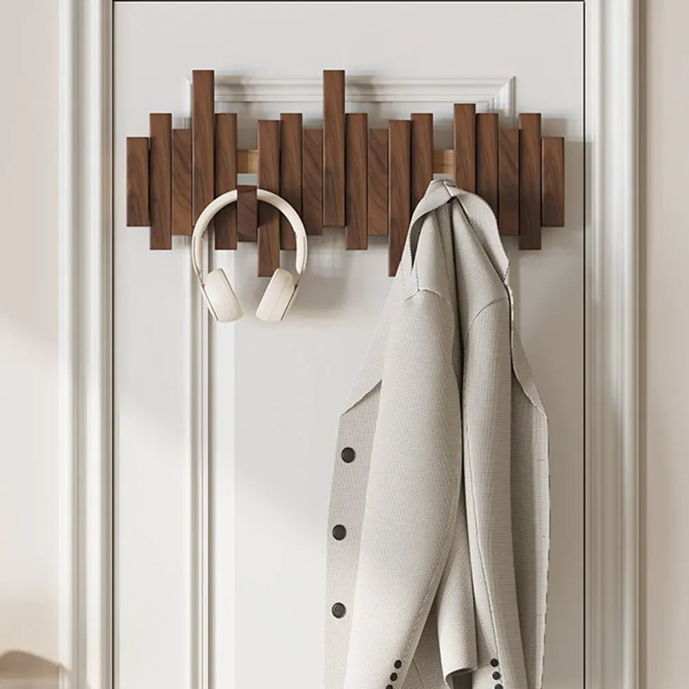 Wooden Wall Mounted Coat Rack with Folding Hooks - Utility Hooks - Dark Brown - Oak Soho