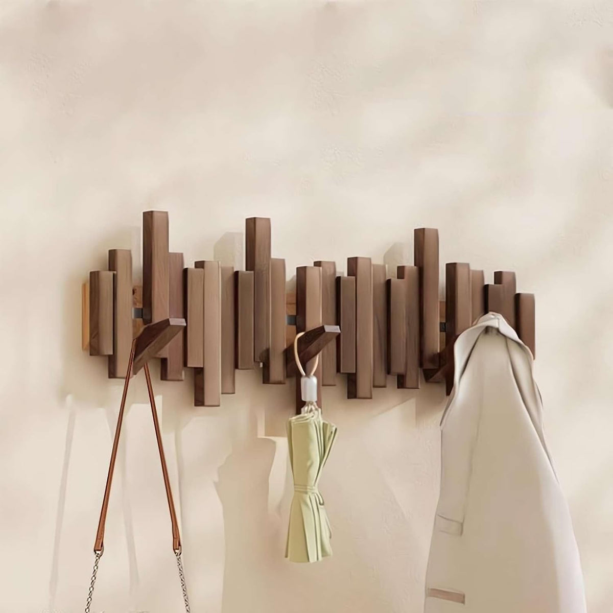 Wooden Wall Mounted Coat Rack with Folding Hooks - Utility Hooks - Dark Brown - Oak Soho