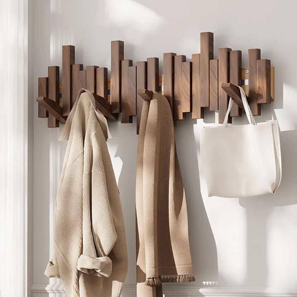 Wooden Wall Mounted Coat Rack with Folding Hooks - Utility Hooks - Dark Brown - Oak Soho
