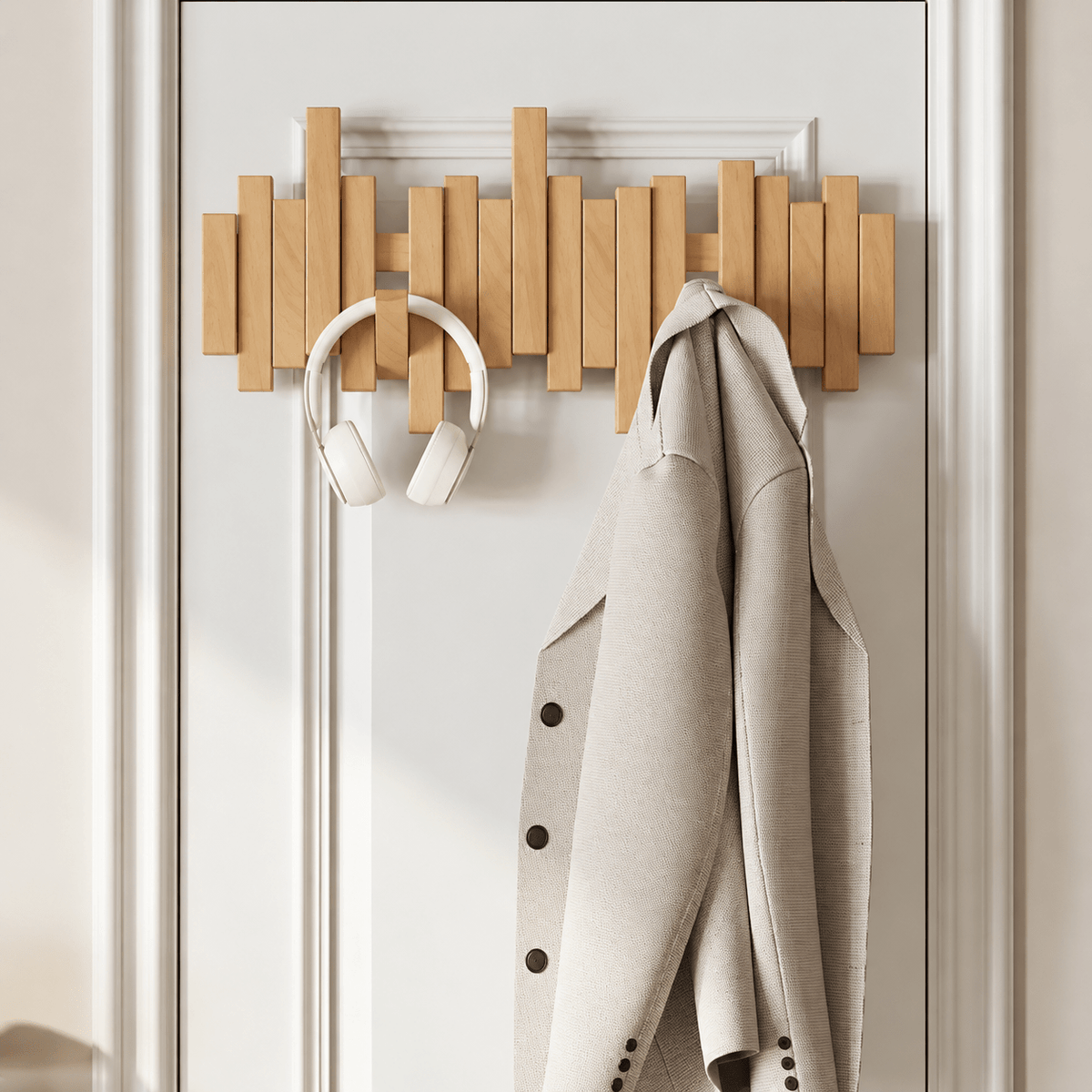 Wooden Wall Mounted Coat Rack with Folding Hooks - Utility Hooks - Light Brown - Oak Soho