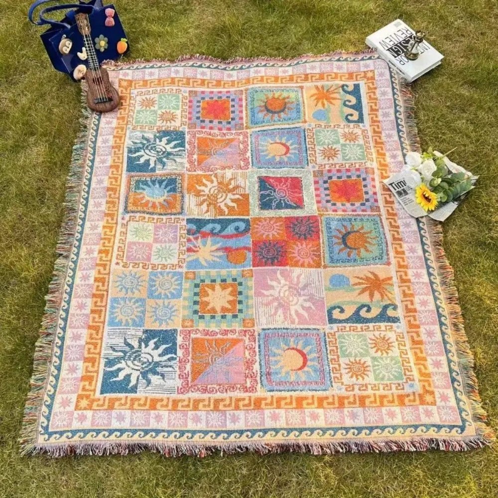 Woven Picnic Blanket with Boho Patchwork Pattern and Fringes - Picnic Blanket - 180x130 cm - Oaksoho
