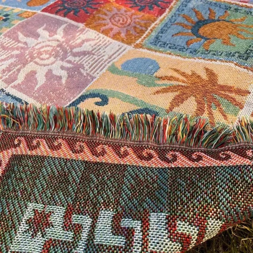 Woven Picnic Blanket with Boho Patchwork Pattern and Fringes - Picnic Blanket - 180x130 cm - Oaksoho