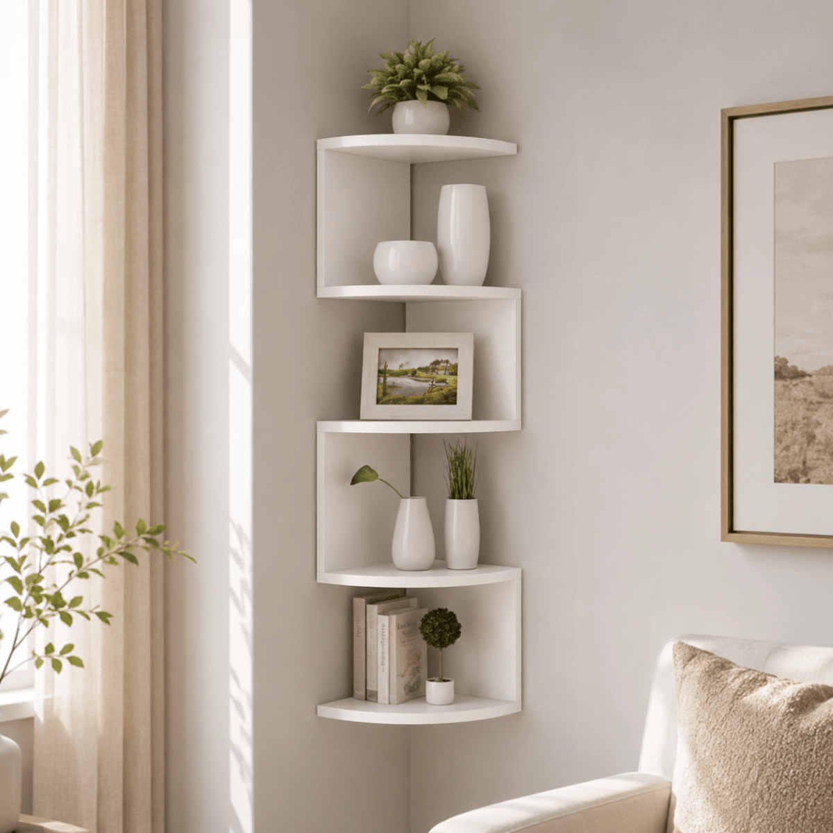 Zigzag Floating Corner Shelf 5 Tier Wall Mounted Display Unit - Corner Wall Shleves & Ledges - White - Oak Soho