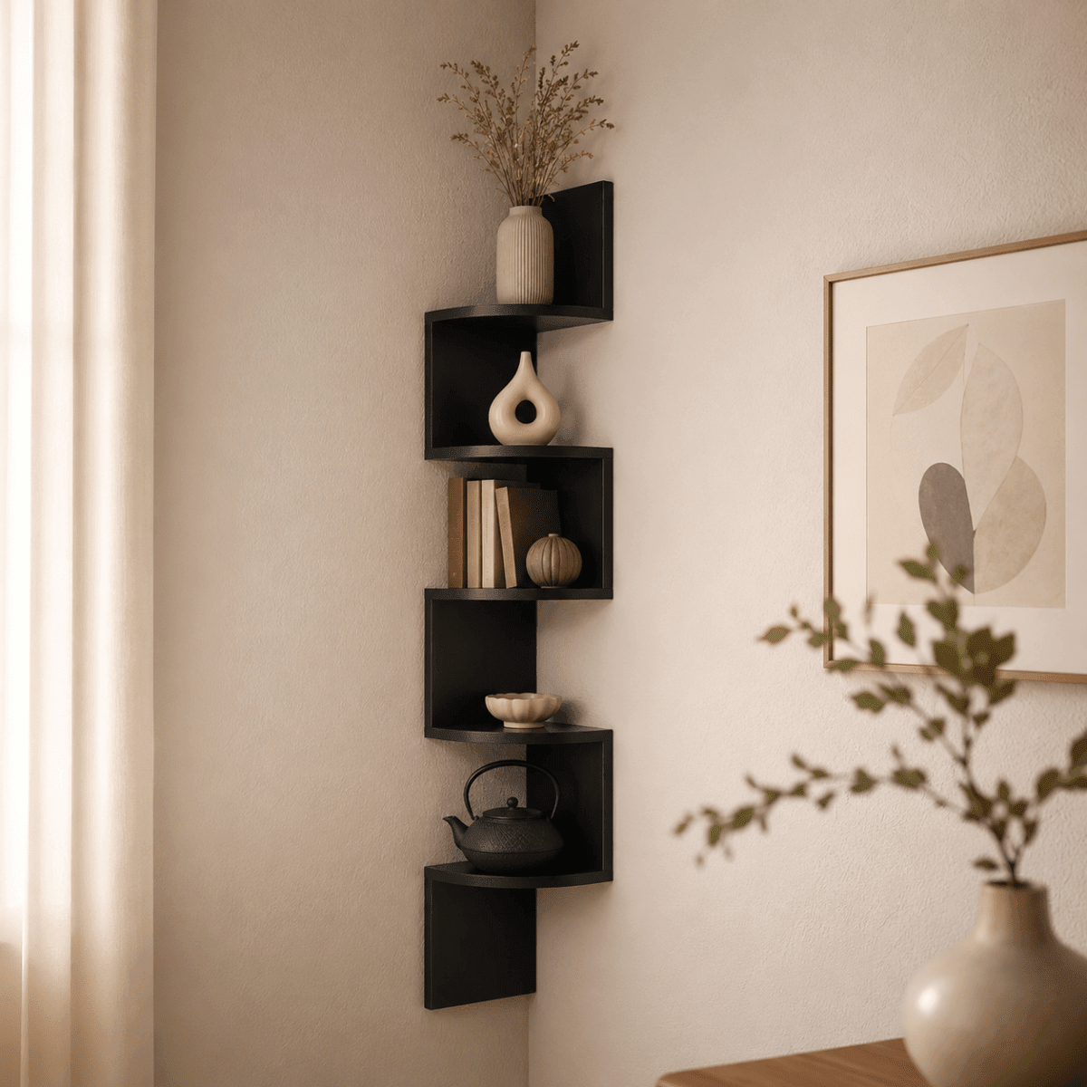 Zigzag Floating Corner Shelf 5 Tier Wall Mounted Display Unit - Corner Wall Shleves & Ledges - Black - Oak Soho