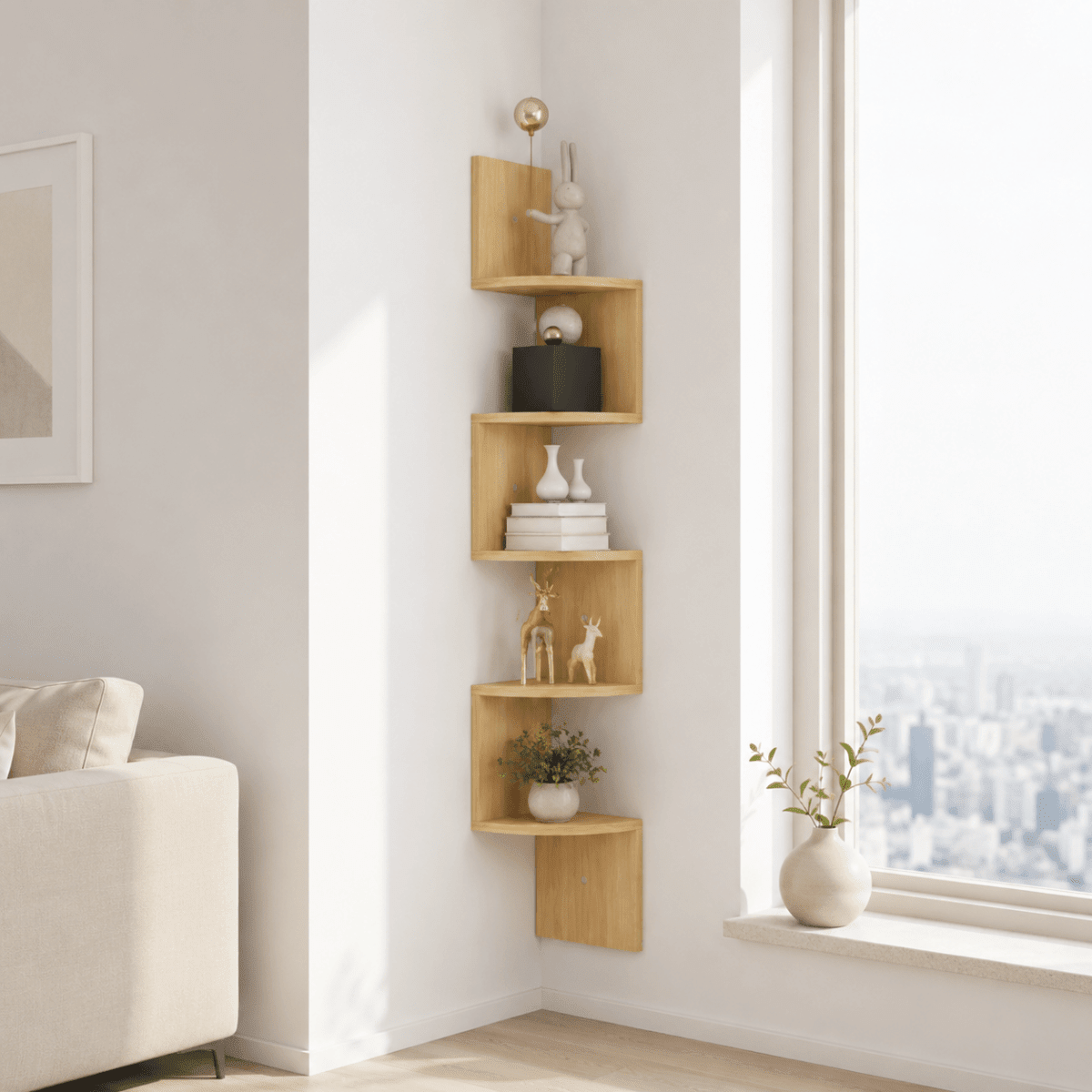 Zigzag Floating Corner Shelf 5 Tier Wall Mounted Display Unit - Corner Wall Shleves & Ledges - Brown - Oak Soho