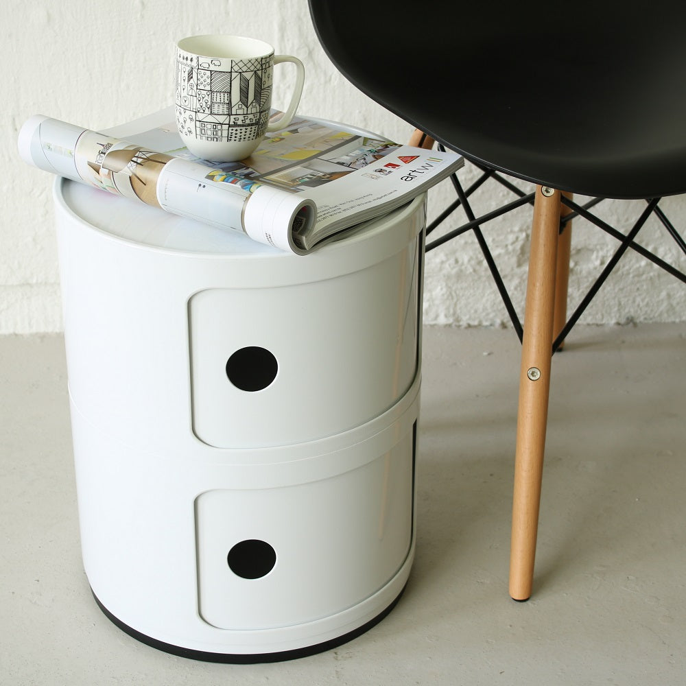 Cylindrical Nightstand with Rotating Doors and Compartments