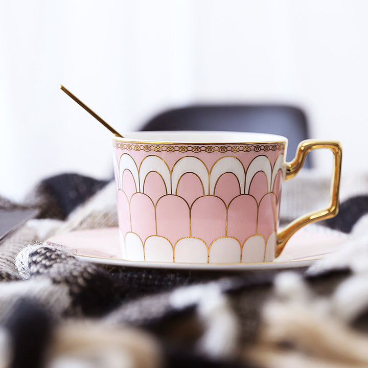Patterned Tea Cup Set with Golden Handles and Saucer