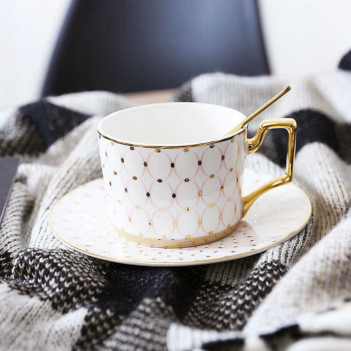 Patterned Tea Cup Set with Golden Handles and Saucer