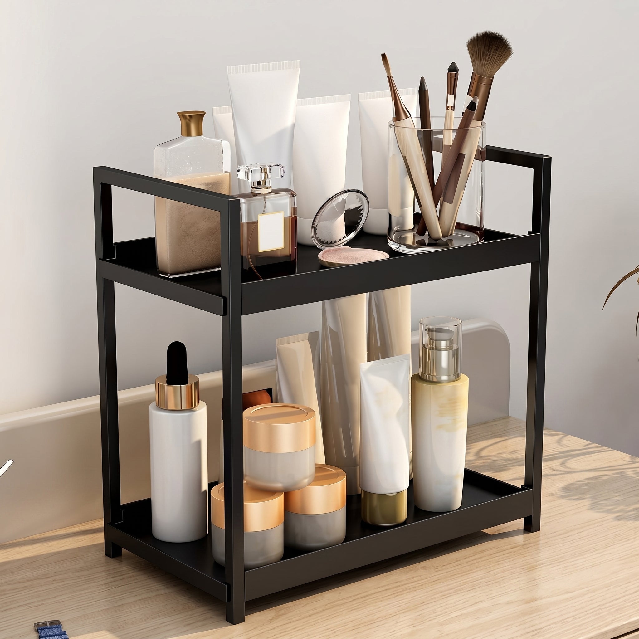 2-Tier Table Organiser with Metal Frame for Storage - Table Organiser - Black - Oaksoho
