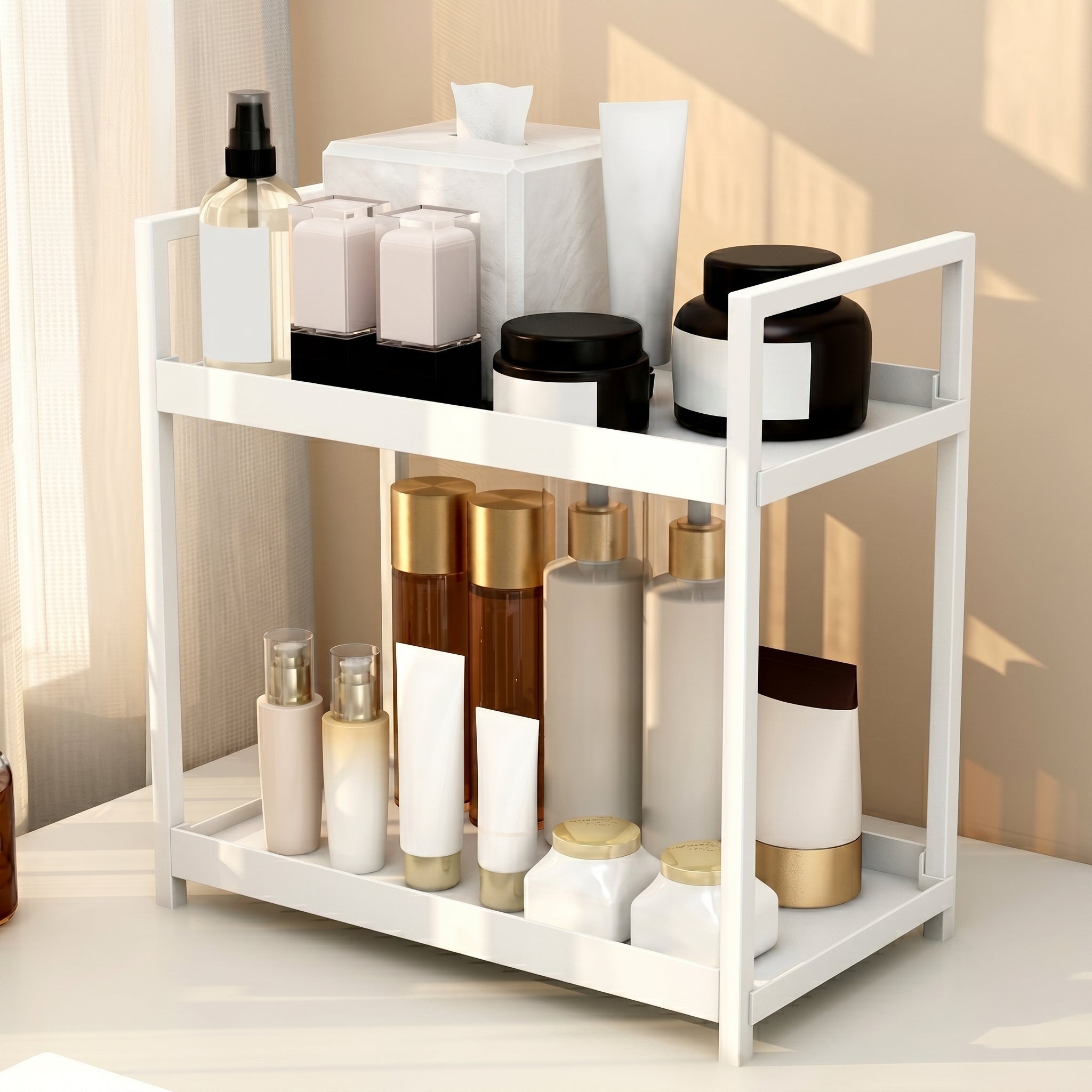 2-Tier Table Organiser with Metal Frame for Storage - Table Organiser - White - Oaksoho