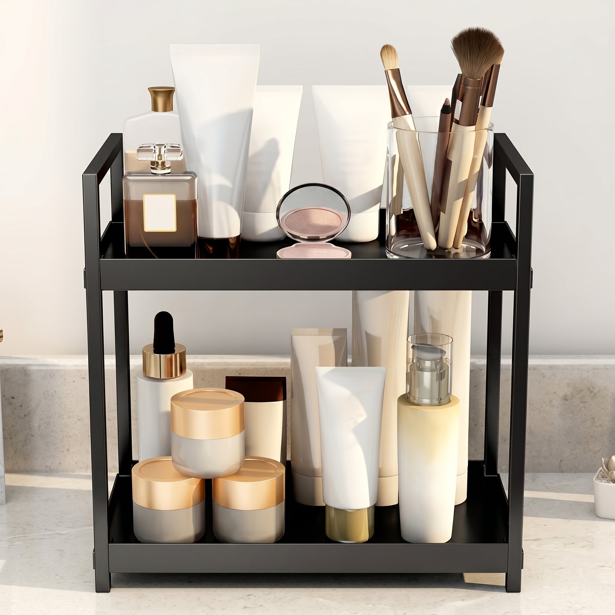 2-Tier Table Organiser with Metal Frame for Storage - Table Organiser - Black - Oaksoho