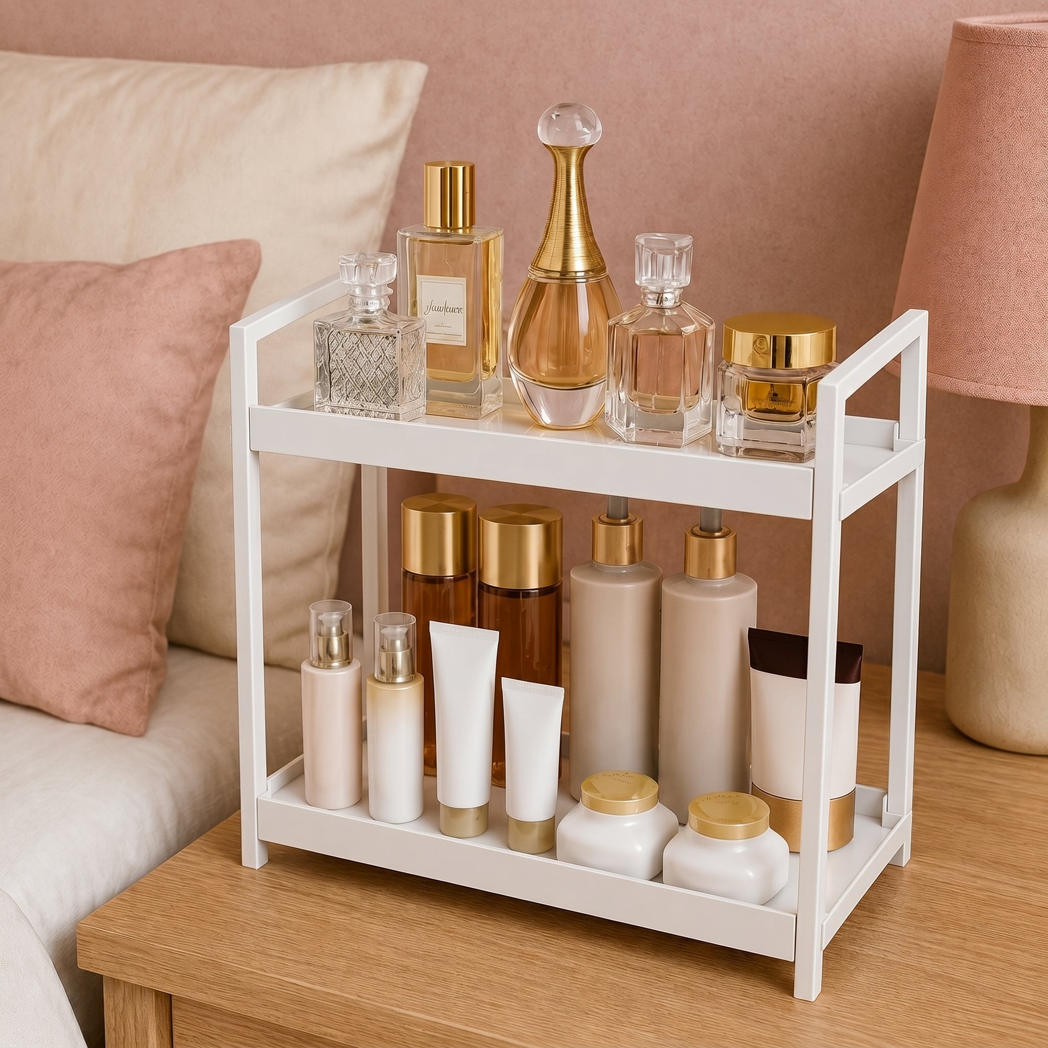 2-Tier Table Organiser with Metal Frame for Storage - Table Organiser - White - Oaksoho