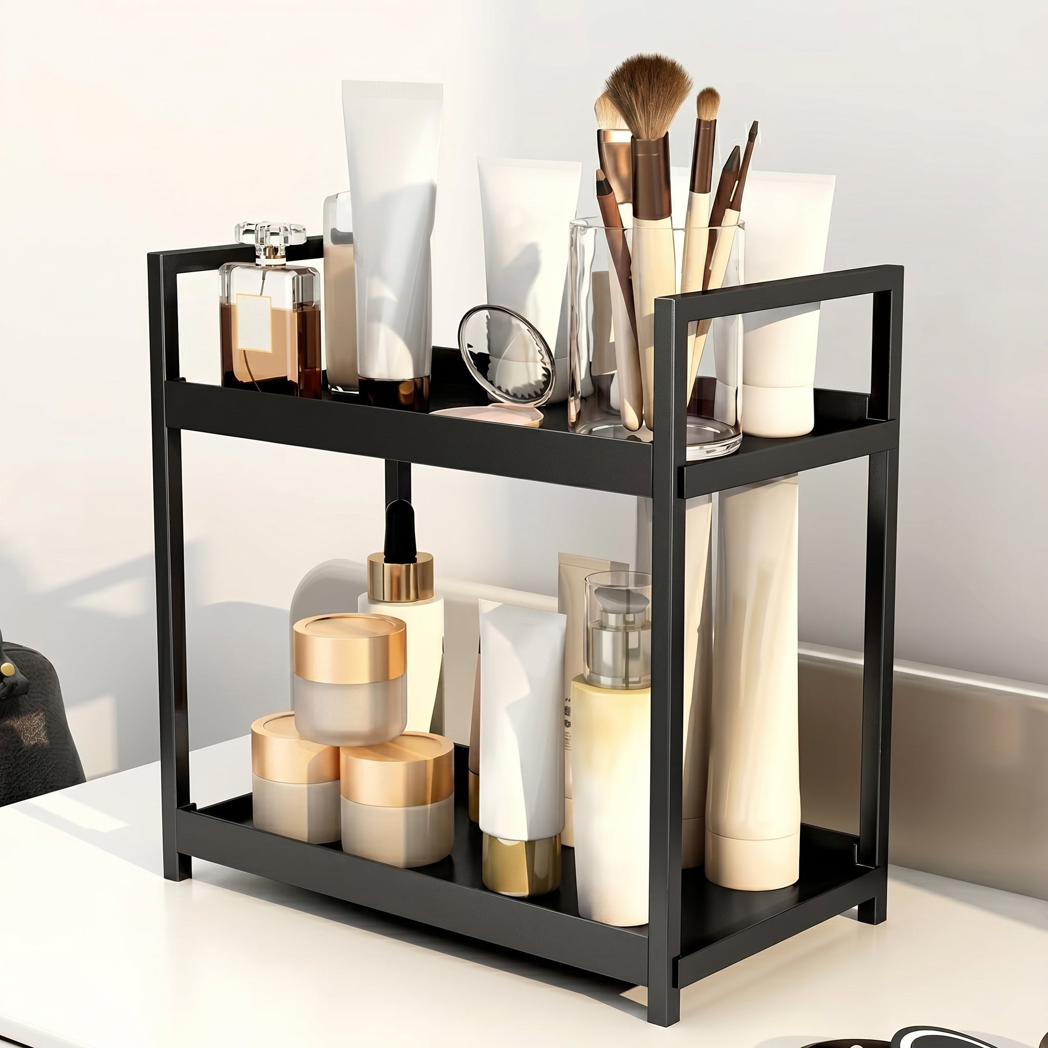 2-Tier Table Organiser with Metal Frame for Storage - Table Organiser - Black - Oaksoho