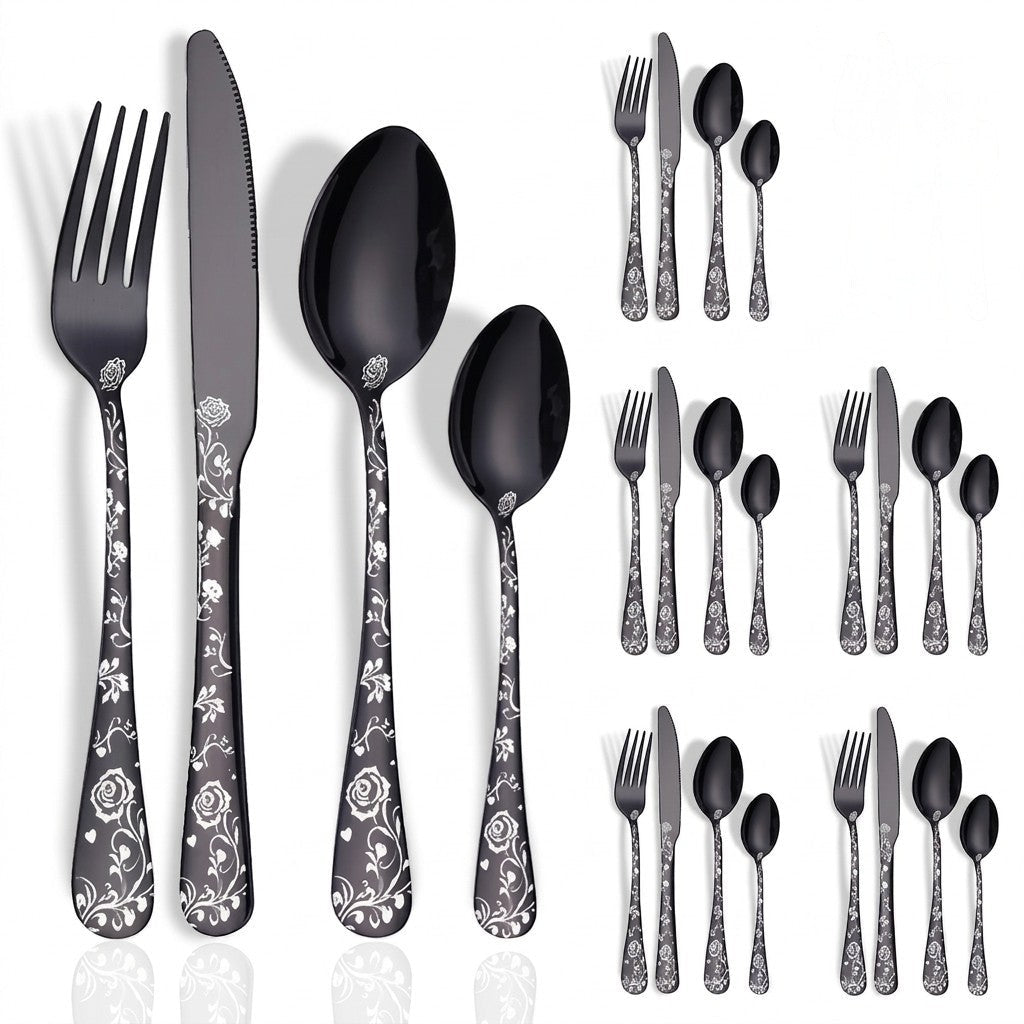 24-piece Cutlery Set with Embossed Floral Handle - Cutlery Set - Black - Oaksoho
