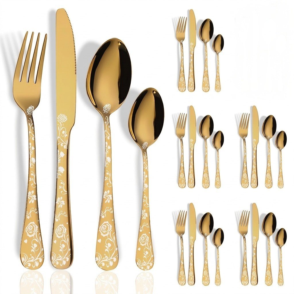 24-piece Cutlery Set with Embossed Floral Handle - Cutlery Set - Gold - Oaksoho