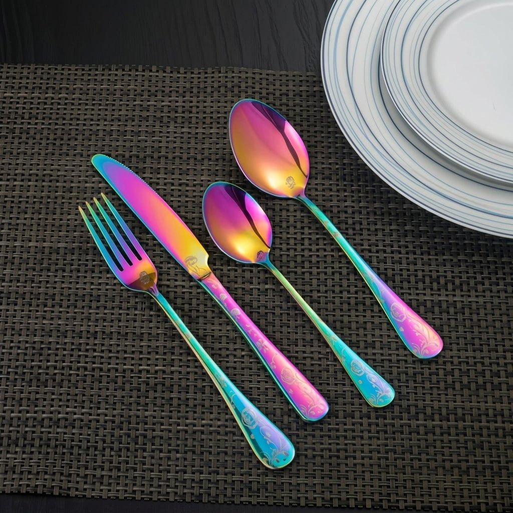 24-piece Cutlery Set with Embossed Floral Handle - Cutlery Set - Multicoloured - Oaksoho