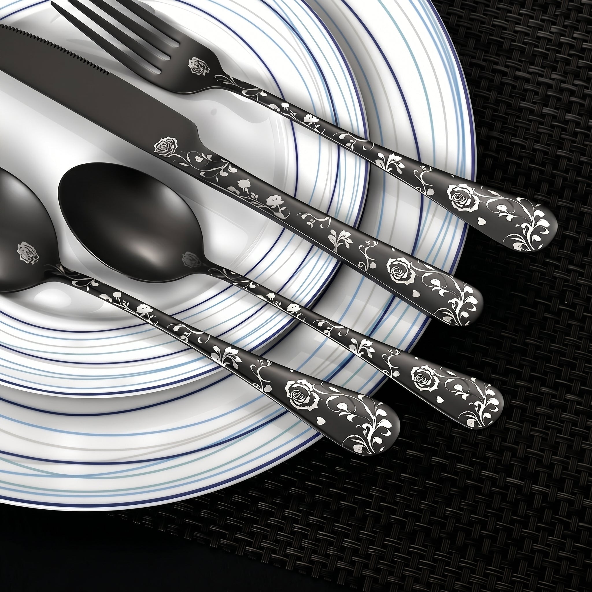 24-piece Cutlery Set with Embossed Floral Handle - Cutlery Set - Black - Oaksoho